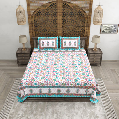 100% pure cotton jaipuri sanganari printed 98*108 king size Premium bedsheet with 2 Matching pillow covers