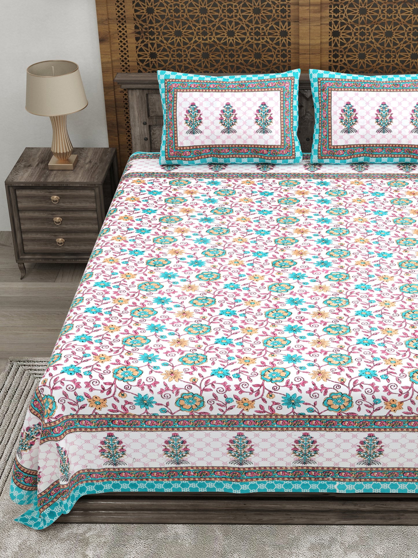 100% pure cotton jaipuri sanganari printed 98*108 king size Premium bedsheet with 2 Matching pillow covers