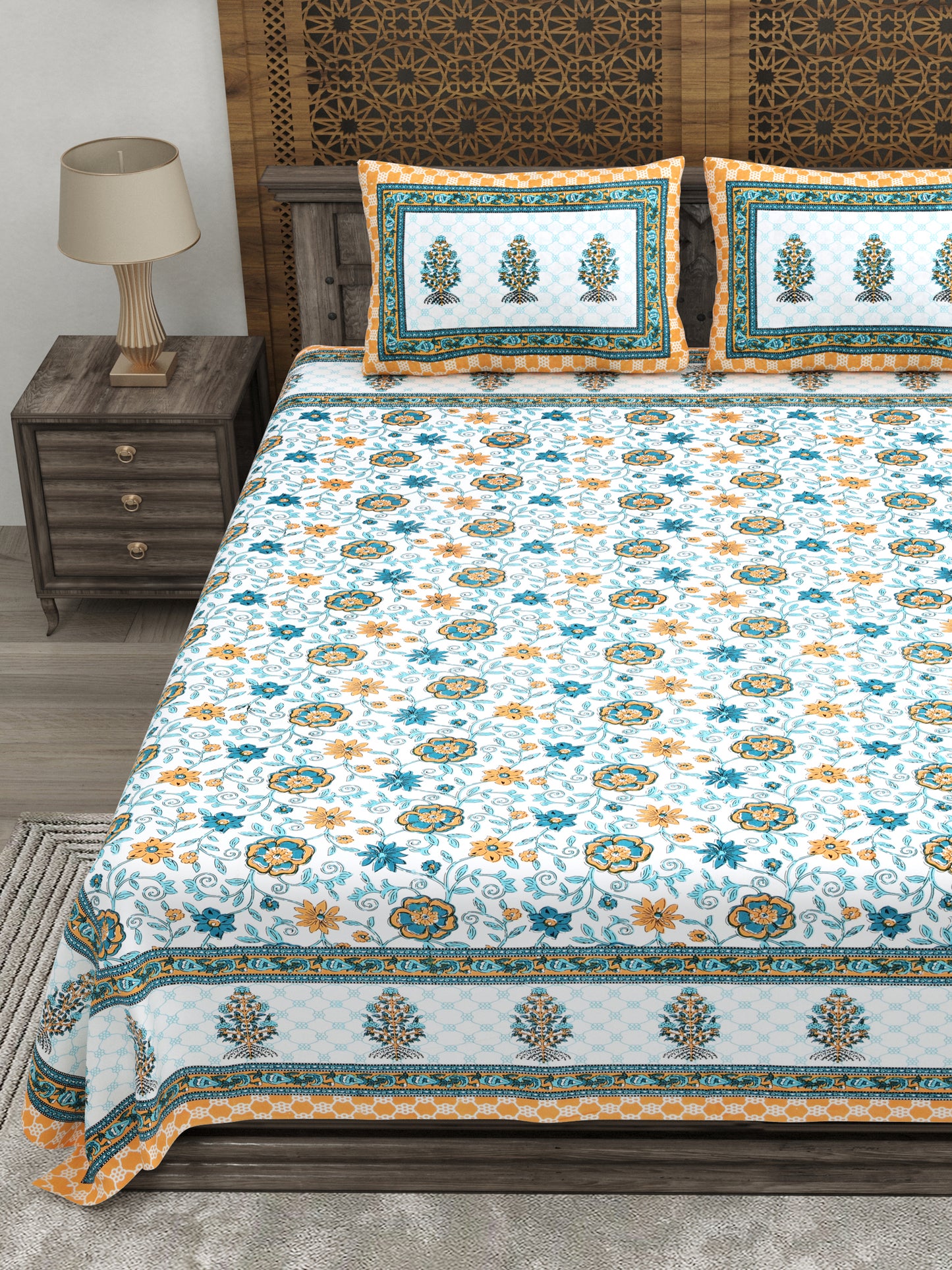 100% pure cotton jaipuri sanganari printed 98*108 king size Premium bedsheet with 2 Matching pillow covers