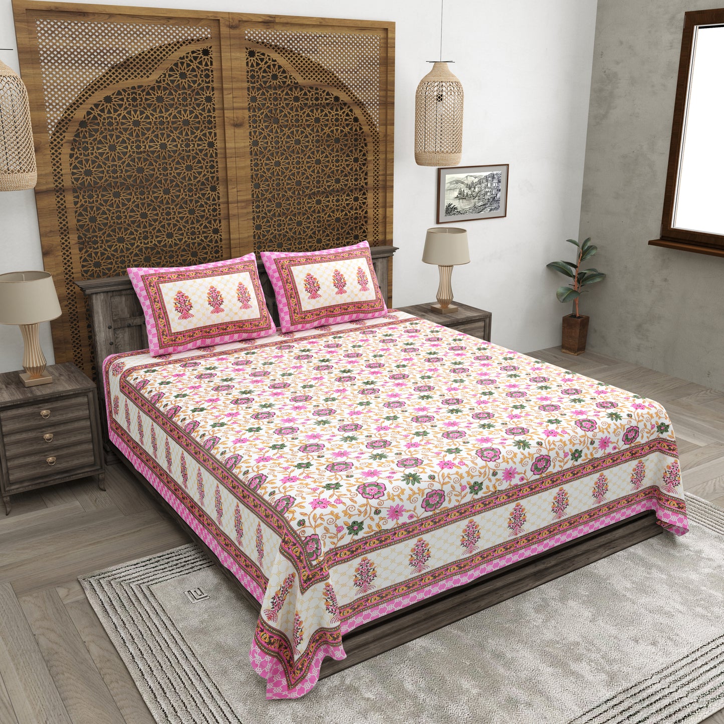100% pure cotton jaipuri sanganari printed 98*108 king size Premium bedsheet with 2 Matching pillow covers