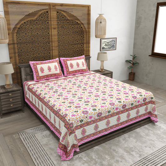 100% pure cotton jaipuri sanganari printed 98*108 king size Premium bedsheet with 2 Matching pillow covers