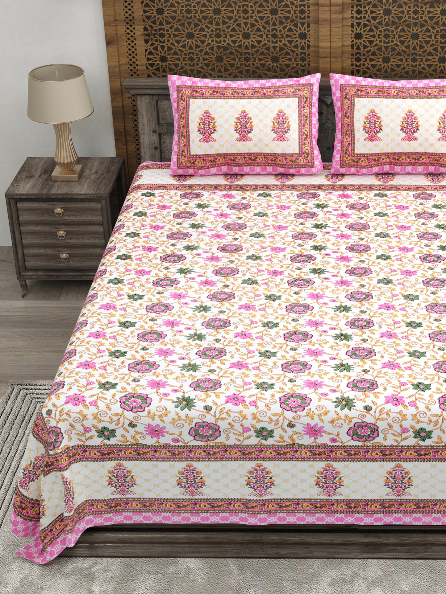 100% pure cotton jaipuri sanganari printed 98*108 king size Premium bedsheet with 2 Matching pillow covers