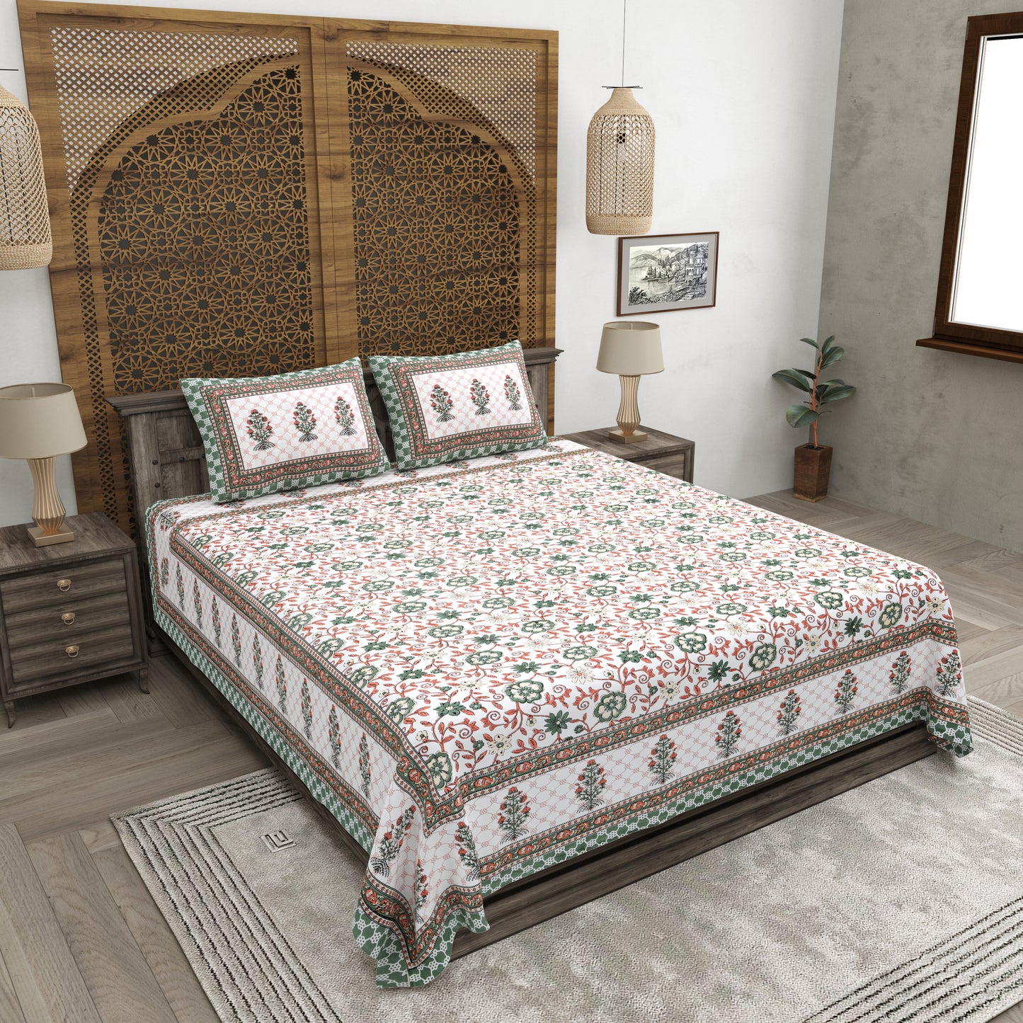 100% pure cotton jaipuri sanganari printed 98*108 king size Premium bedsheet with 2 Matching pillow covers