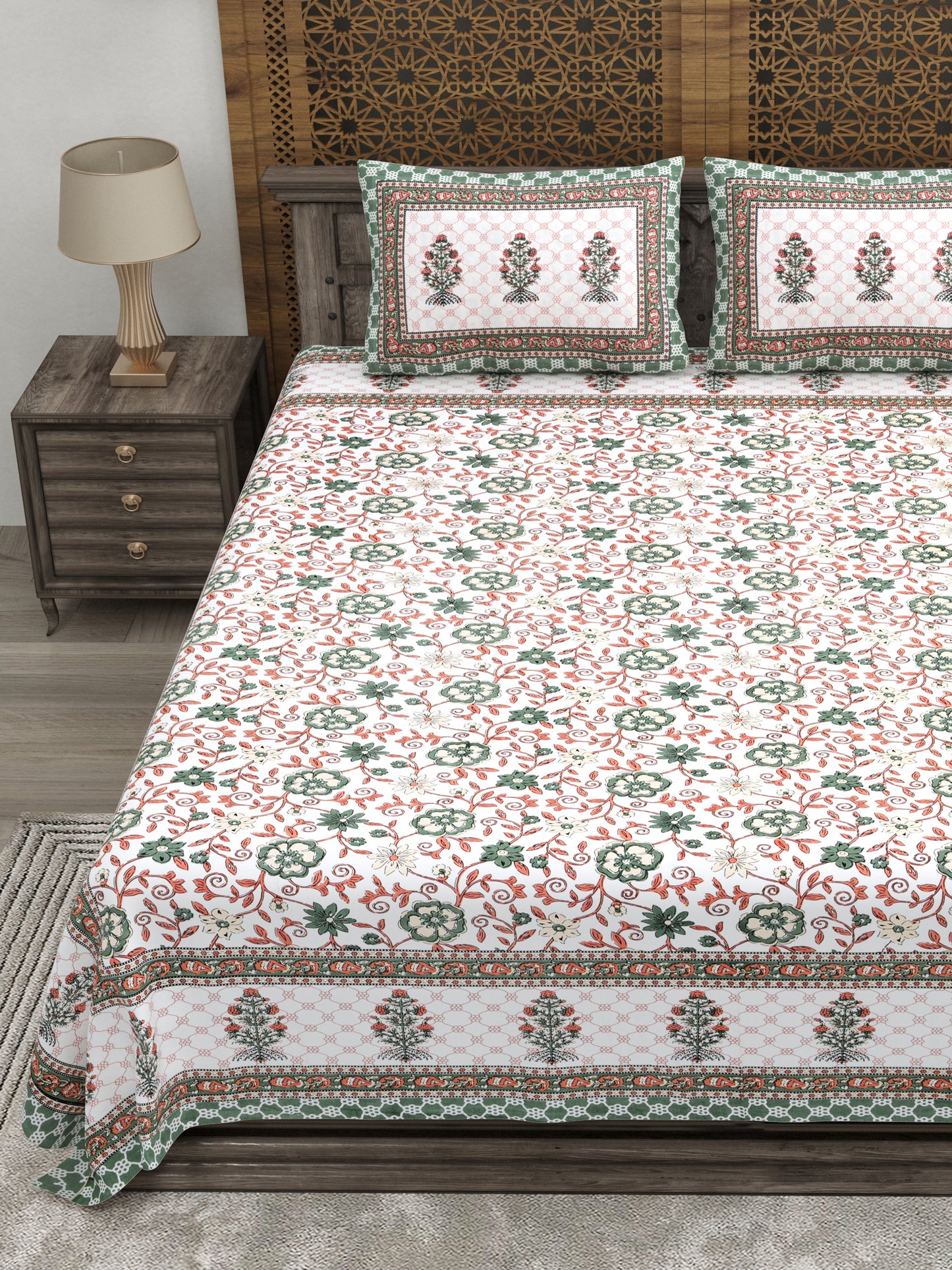 100% pure cotton jaipuri sanganari printed 98*108 king size Premium bedsheet with 2 Matching pillow covers