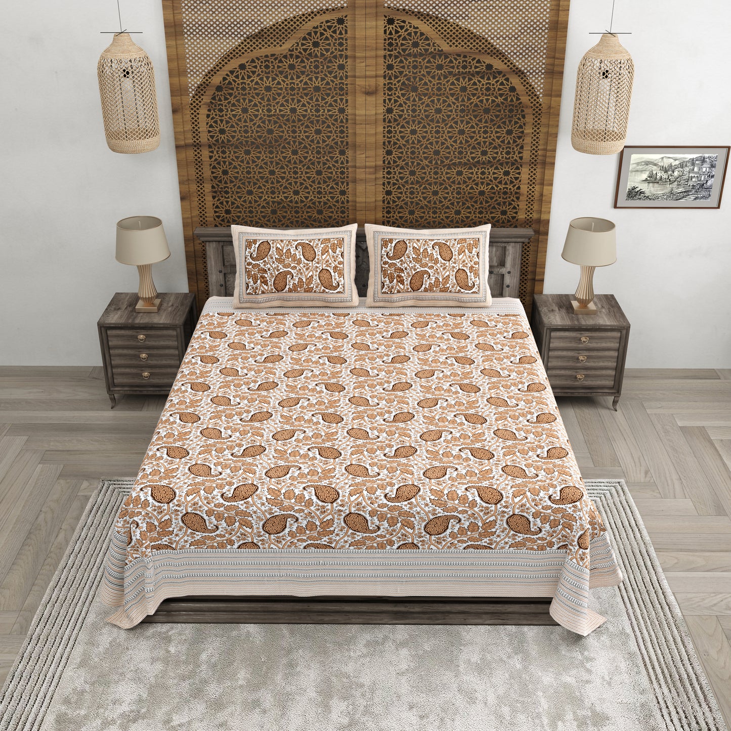 100% pure cotton jaipuri sanganari printed 98*108 king size Premium bedsheet with 2 Matching pillow covers