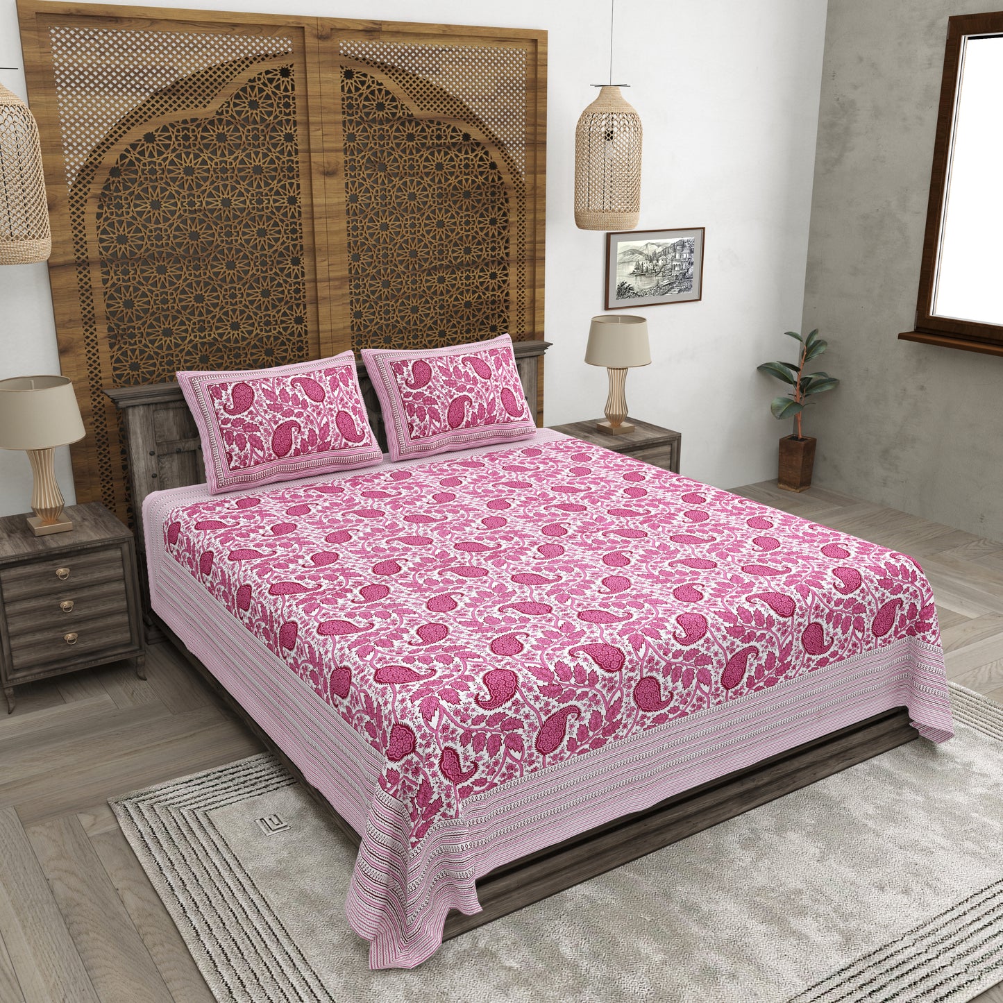 100% pure cotton jaipuri sanganari printed 98*108 king size Premium bedsheet with 2 Matching pillow covers