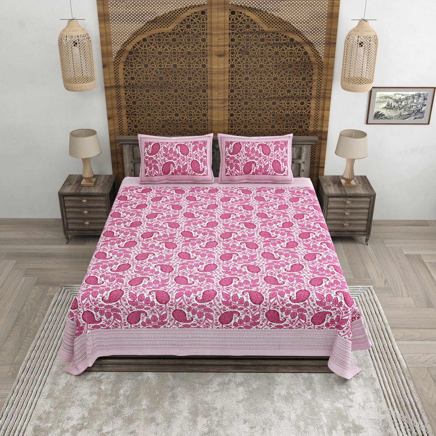 100% pure cotton jaipuri sanganari printed 98*108 king size Premium bedsheet with 2 Matching pillow covers