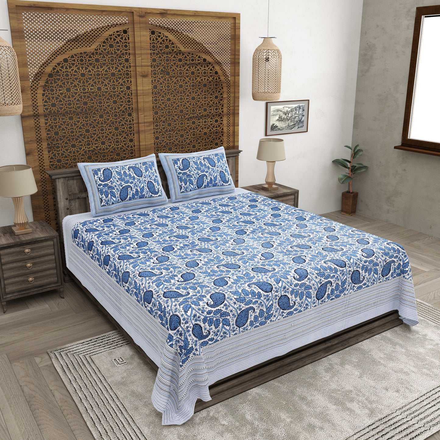 100% pure cotton jaipuri sanganari printed 98*108 king size Premium bedsheet with 2 Matching pillow covers
