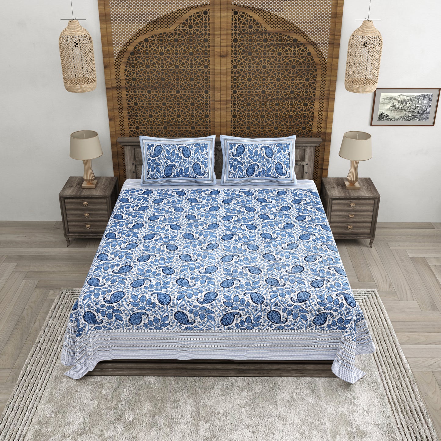 100% pure cotton jaipuri sanganari printed 98*108 king size Premium bedsheet with 2 Matching pillow covers