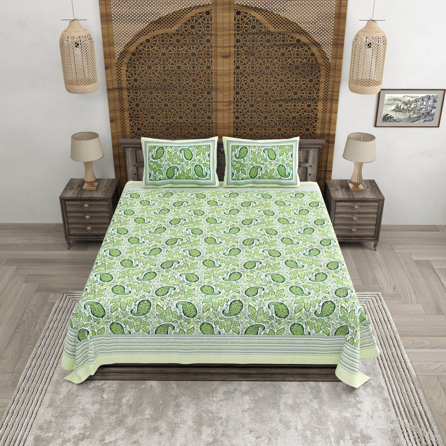 100% pure cotton jaipuri sanganari printed 98*108 king size Premium bedsheet with 2 Matching pillow covers