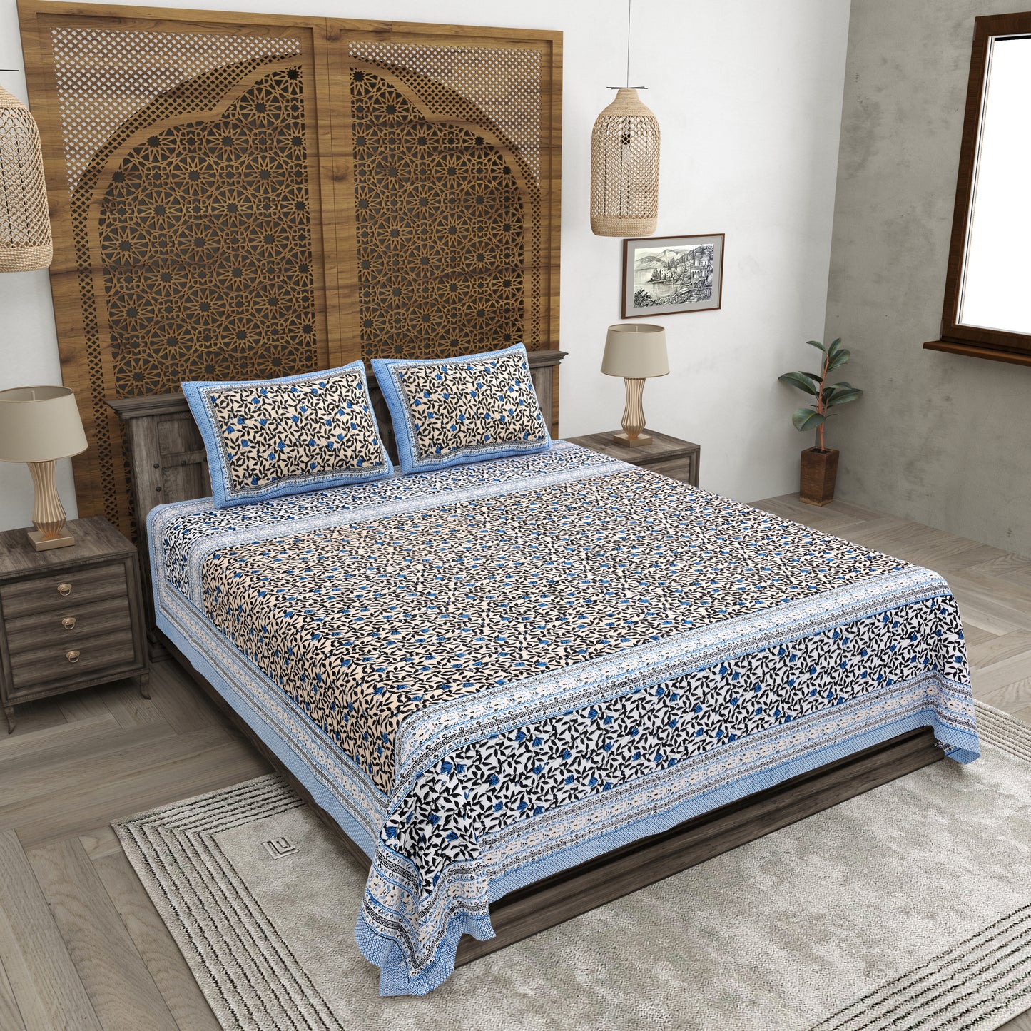 100% pure cotton jaipuri sanganari printed 98*108 king size Premium bedsheet with 2 Matching pillow covers