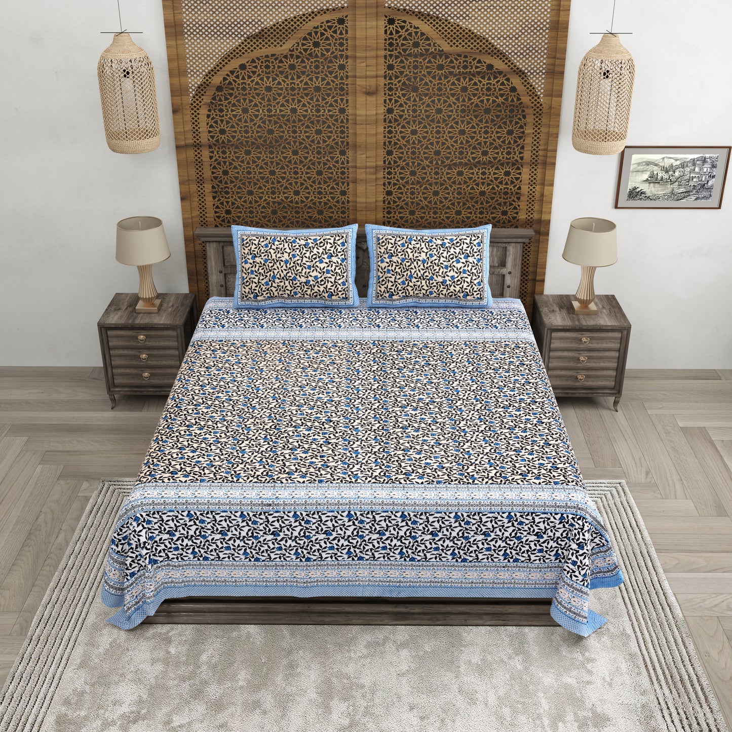 100% pure cotton jaipuri sanganari printed 98*108 king size Premium bedsheet with 2 Matching pillow covers