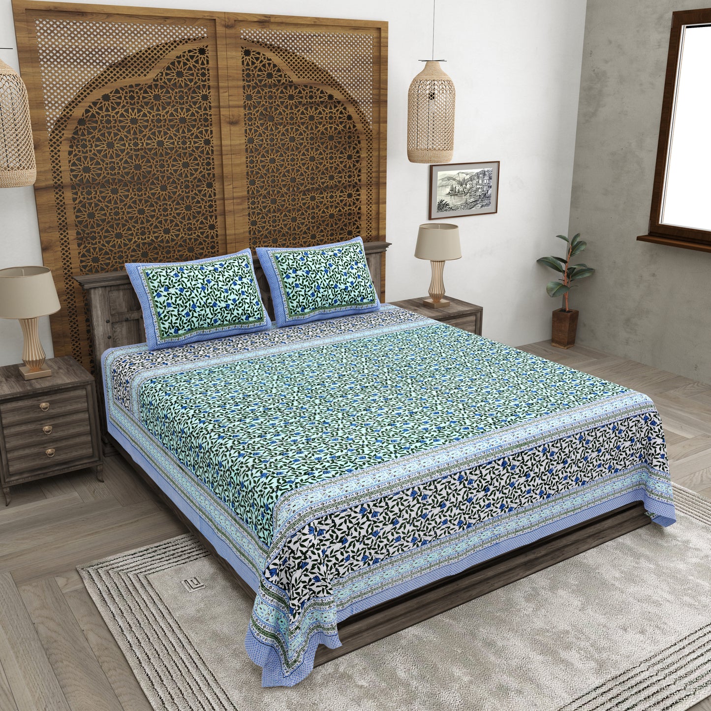 100% pure cotton jaipuri sanganari printed 98*108 king size Premium bedsheet with 2 Matching pillow covers