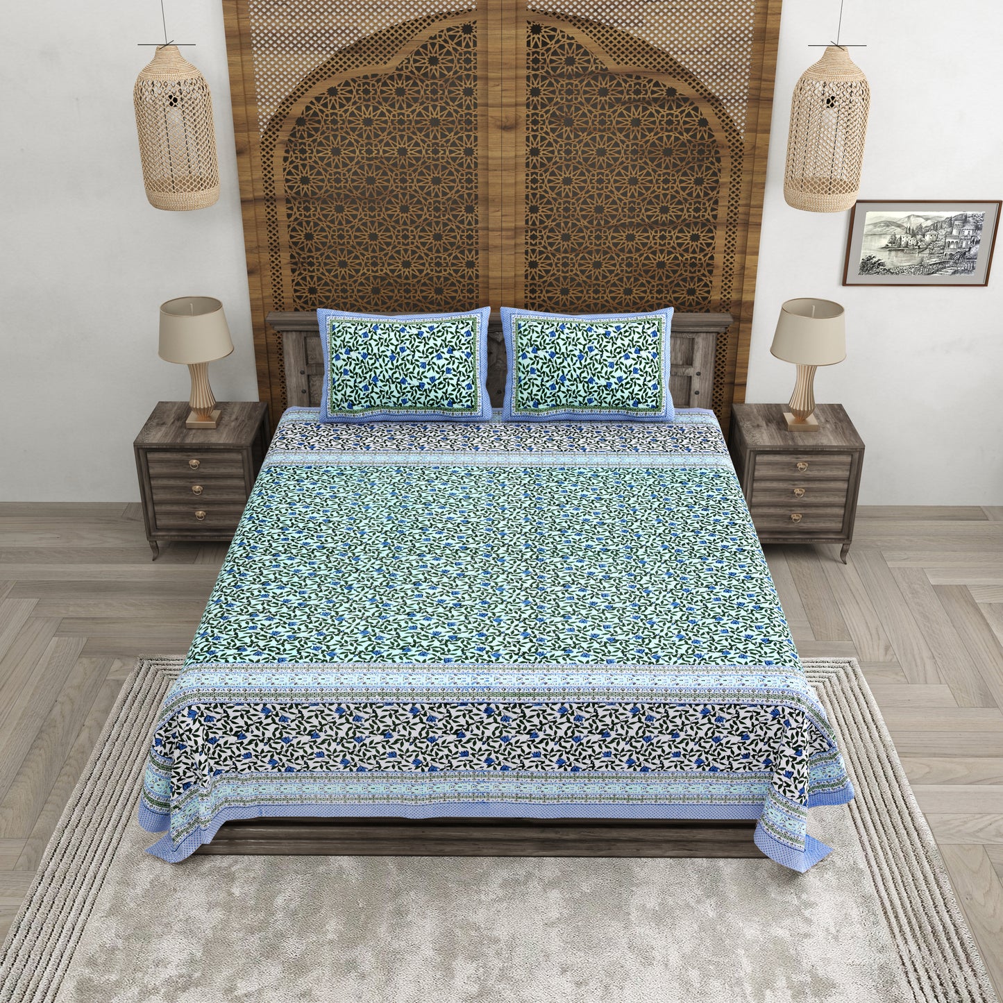 100% pure cotton jaipuri sanganari printed 98*108 king size Premium bedsheet with 2 Matching pillow covers