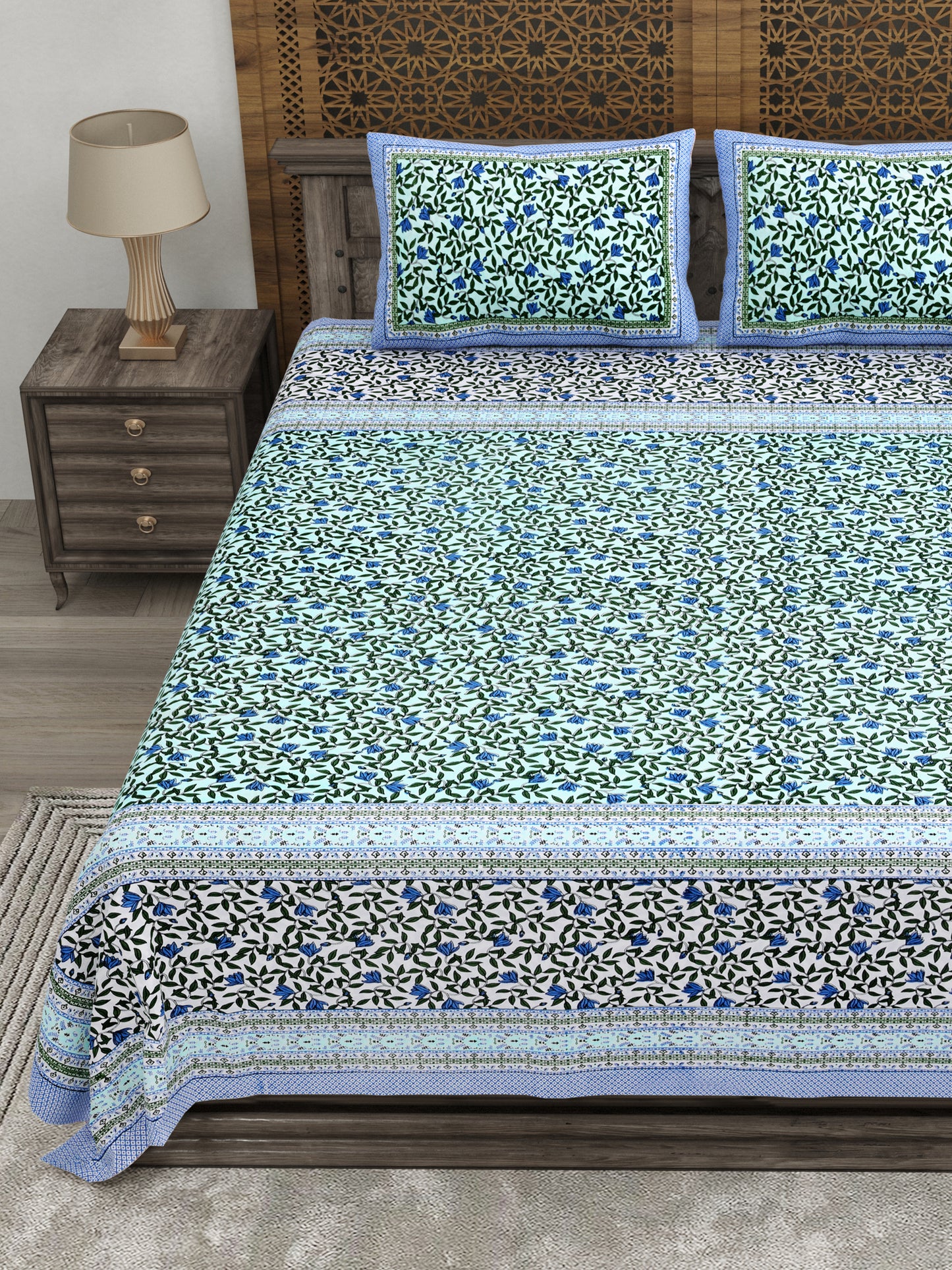 100% pure cotton jaipuri sanganari printed 98*108 king size Premium bedsheet with 2 Matching pillow covers