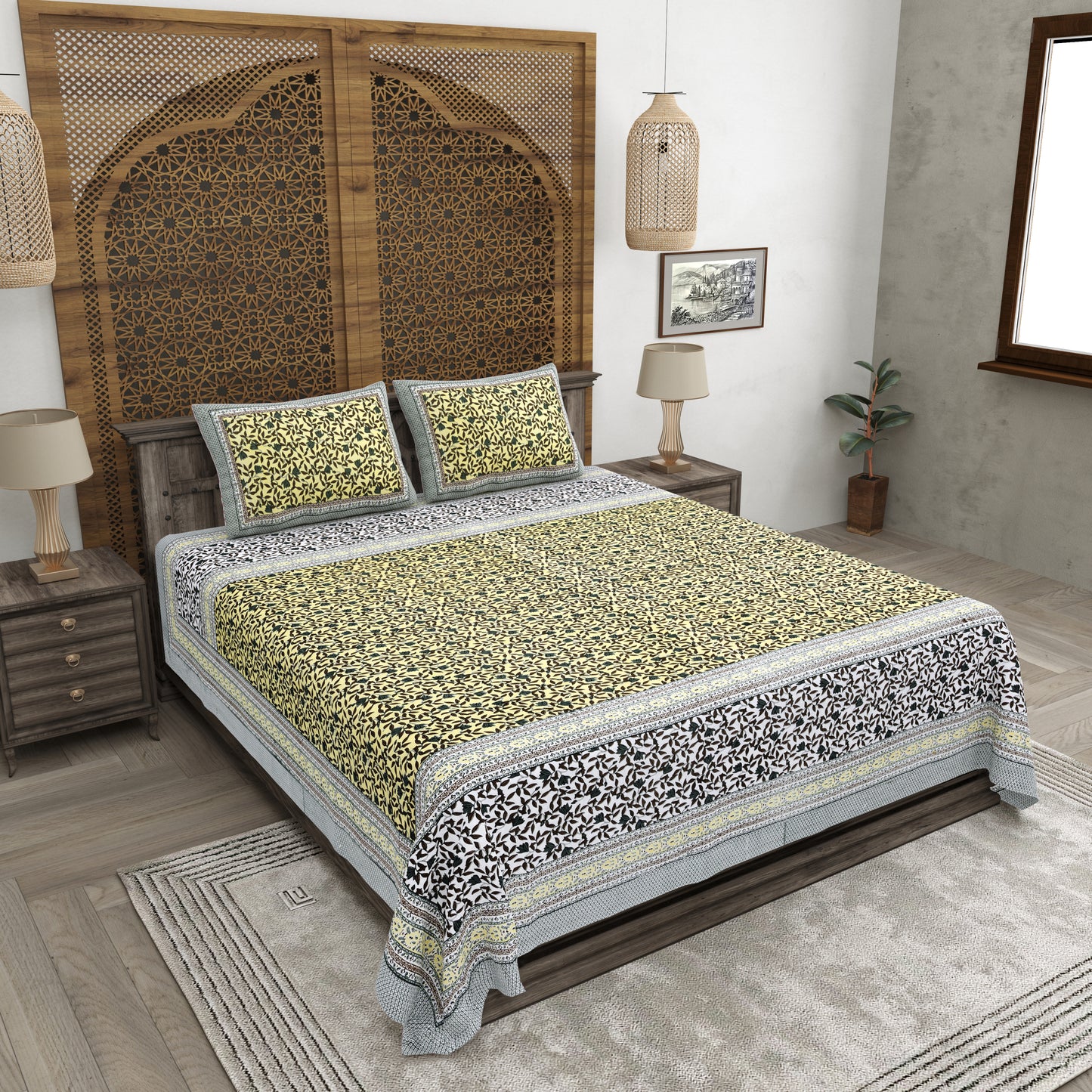 100% pure cotton jaipuri sanganari printed 98*108 king size Premium bedsheet with 2 Matching pillow covers