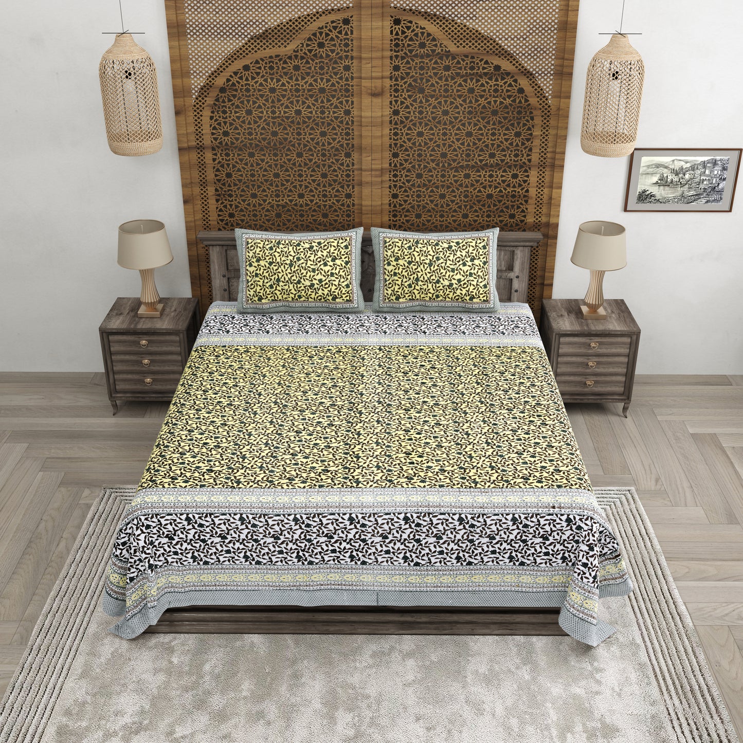 100% pure cotton jaipuri sanganari printed 98*108 king size Premium bedsheet with 2 Matching pillow covers