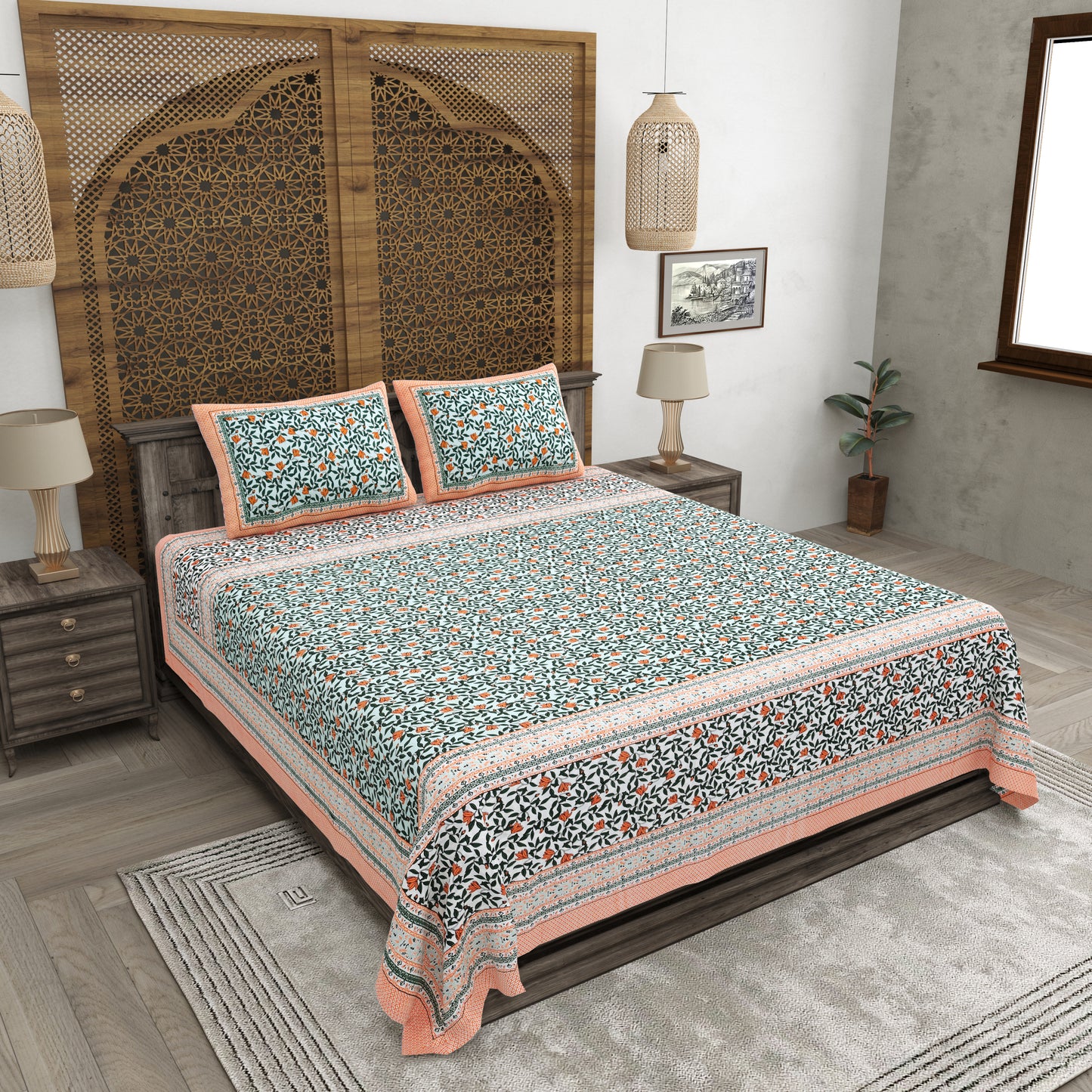 100% pure cotton jaipuri sanganari printed 98*108 king size Premium bedsheet with 2 Matching pillow covers