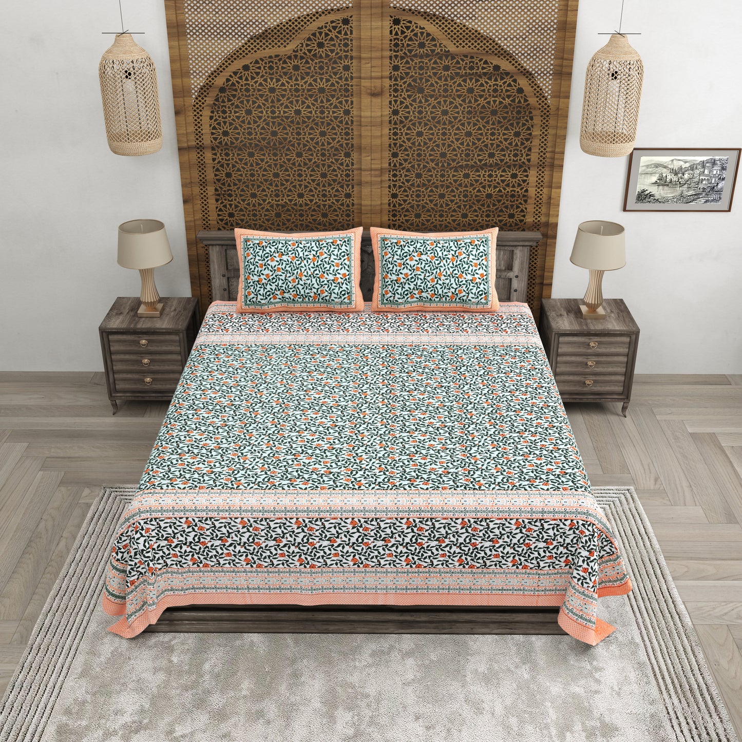 100% pure cotton jaipuri sanganari printed 98*108 king size Premium bedsheet with 2 Matching pillow covers