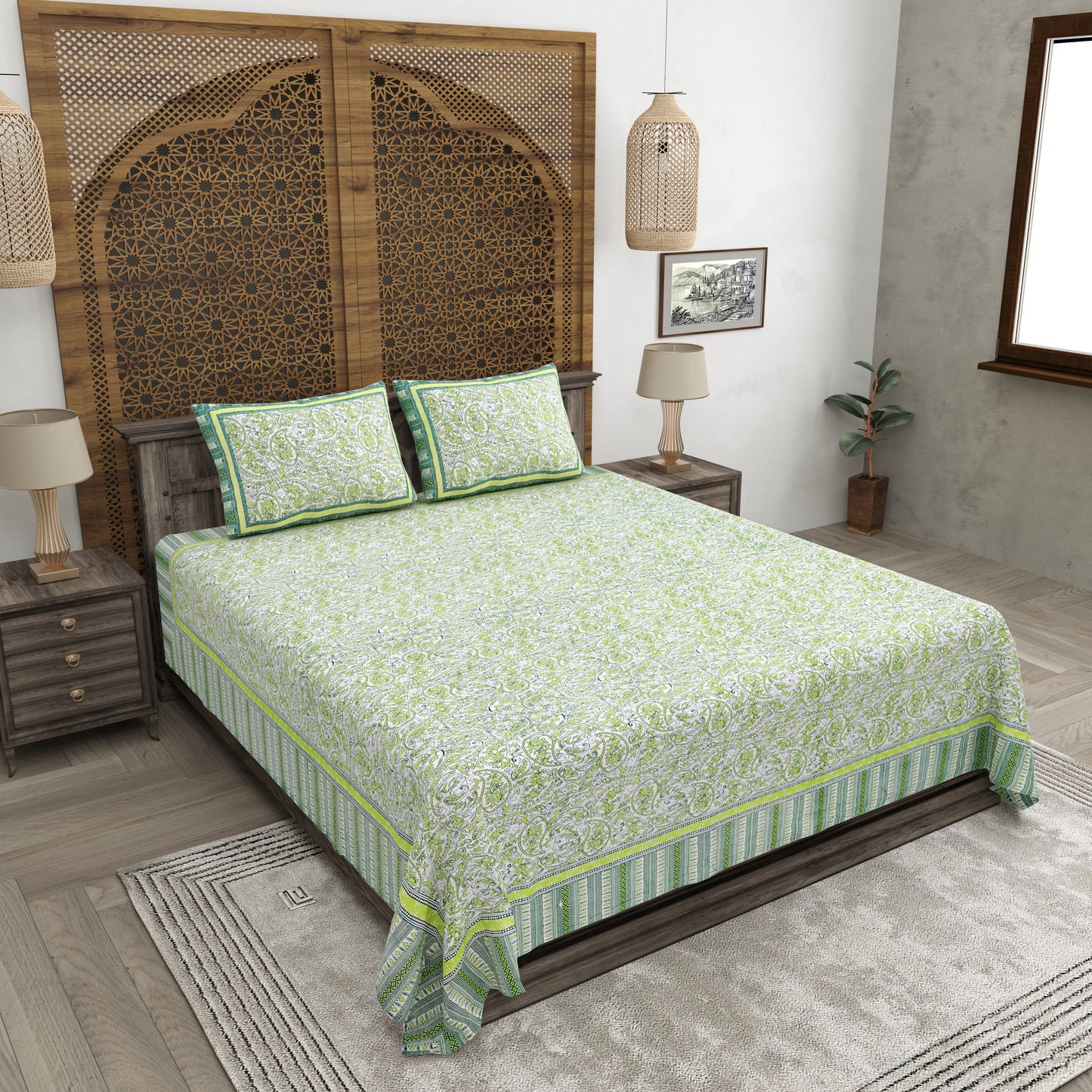 100% pure cotton jaipuri sanganari printed 98*108 king size Premium bedsheet with 2 Matching pillow covers