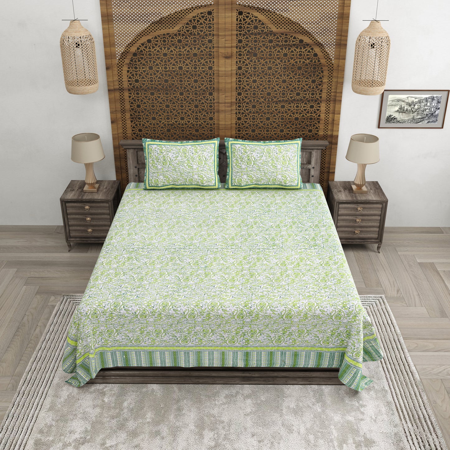 100% pure cotton jaipuri sanganari printed 98*108 king size Premium bedsheet with 2 Matching pillow covers