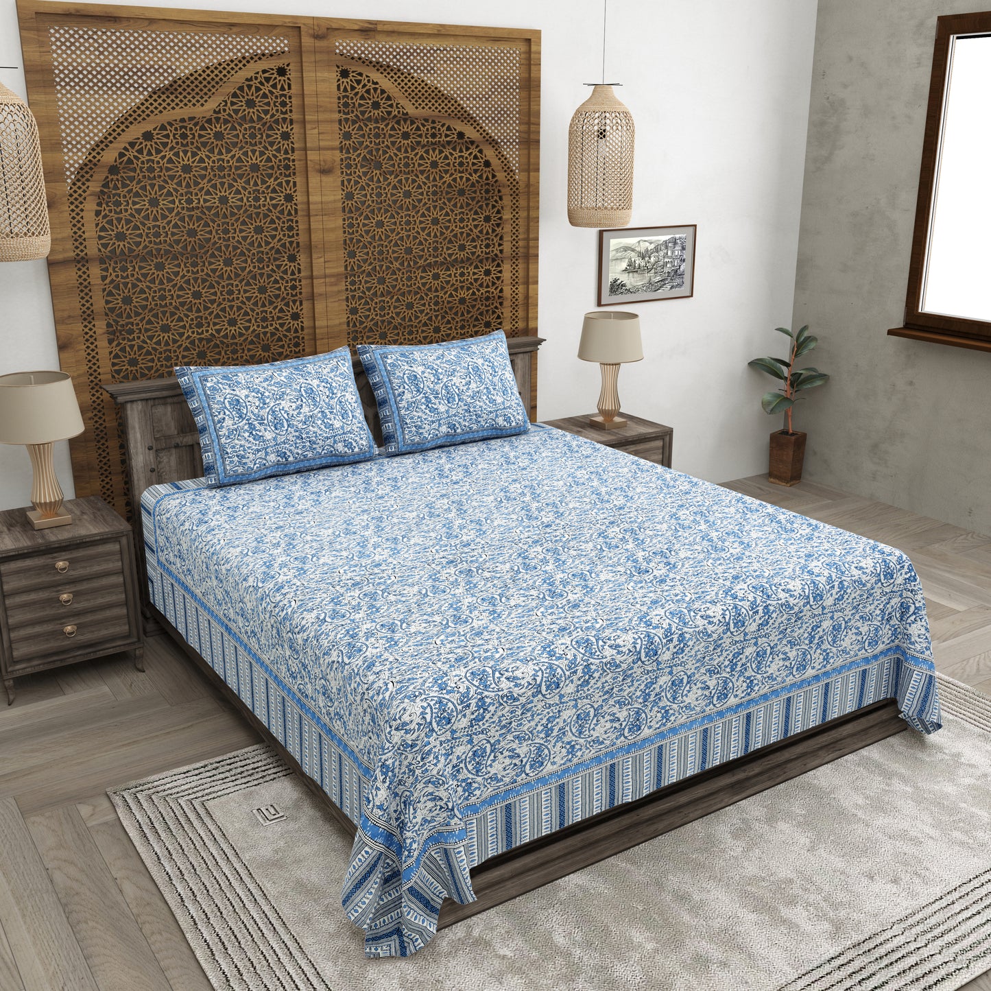 100% pure cotton jaipuri sanganari printed 98*108 king size Premium bedsheet with 2 Matching pillow covers