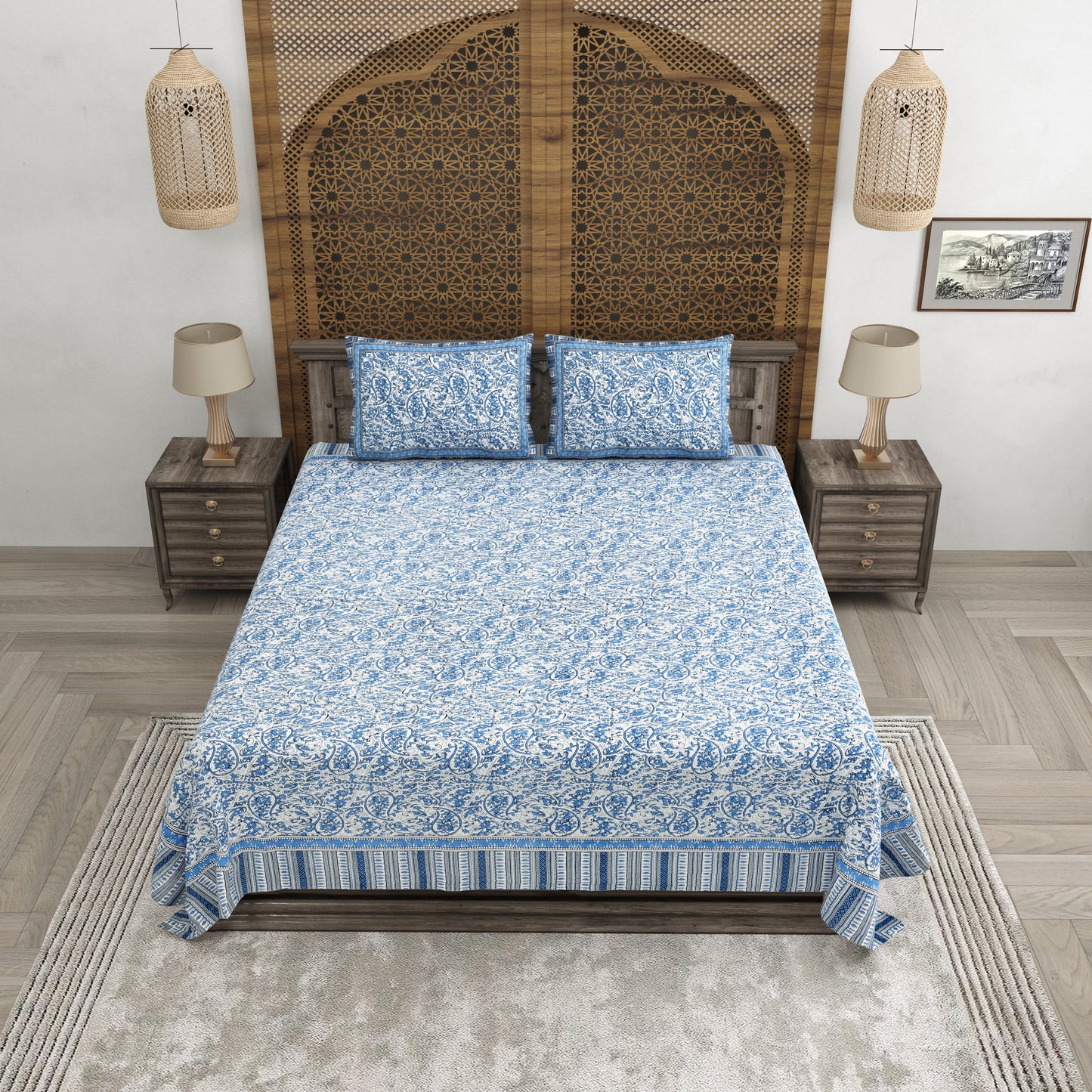 100% pure cotton jaipuri sanganari printed 98*108 king size Premium bedsheet with 2 Matching pillow covers