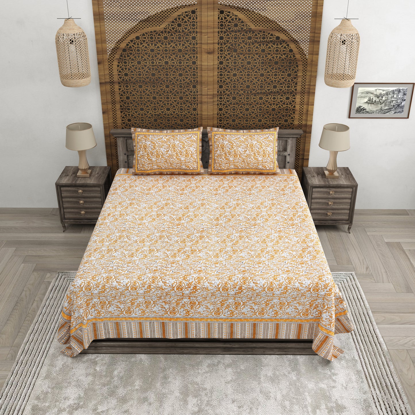 100% pure cotton jaipuri sanganari printed 98*108 king size Premium bedsheet with 2 Matching pillow covers