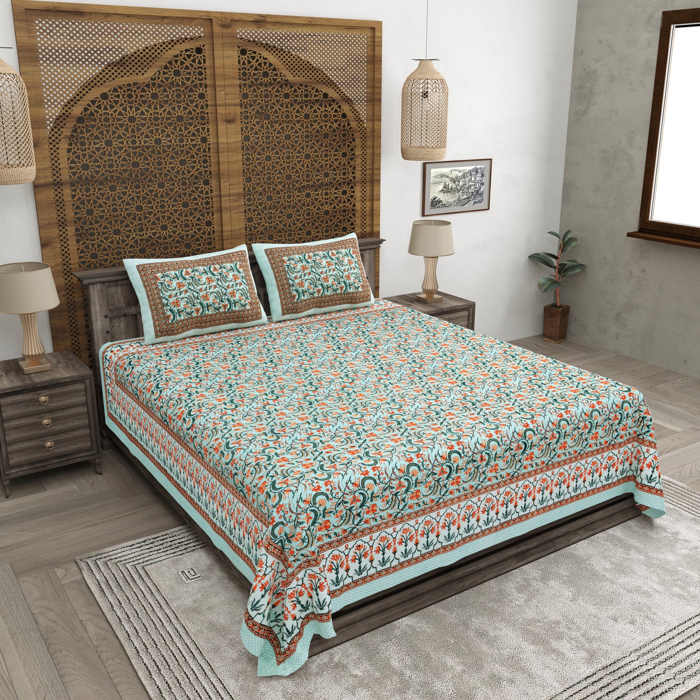 100% pure cotton jaipuri sanganari printed 98*108 king size Premium bedsheet with 2 Matching pillow covers
