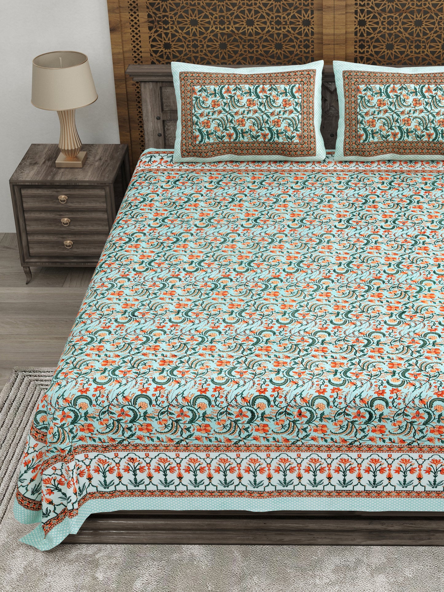 100% pure cotton jaipuri sanganari printed 98*108 king size Premium bedsheet with 2 Matching pillow covers
