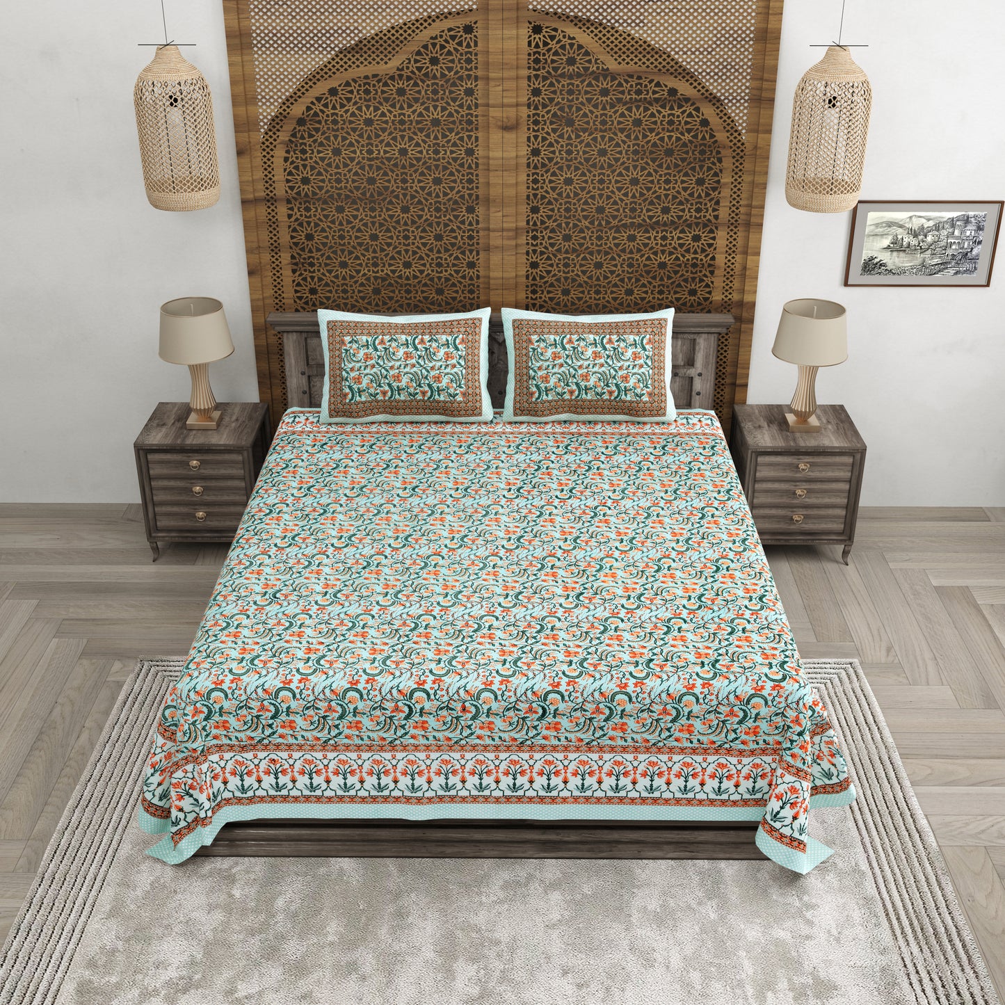 100% pure cotton jaipuri sanganari printed 98*108 king size Premium bedsheet with 2 Matching pillow covers