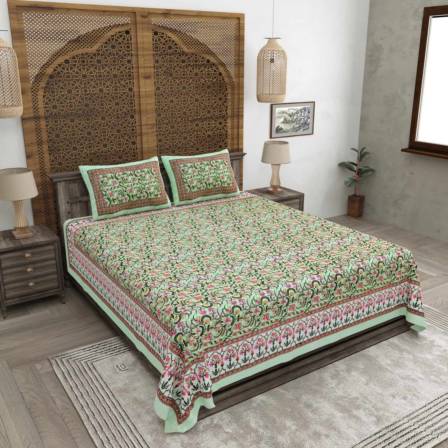 100% pure cotton jaipuri sanganari printed 98*108 king size Premium bedsheet with 2 Matching pillow covers