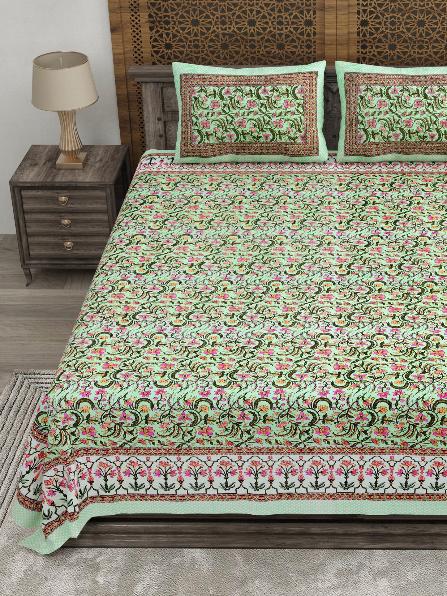 100% pure cotton jaipuri sanganari printed 98*108 king size Premium bedsheet with 2 Matching pillow covers