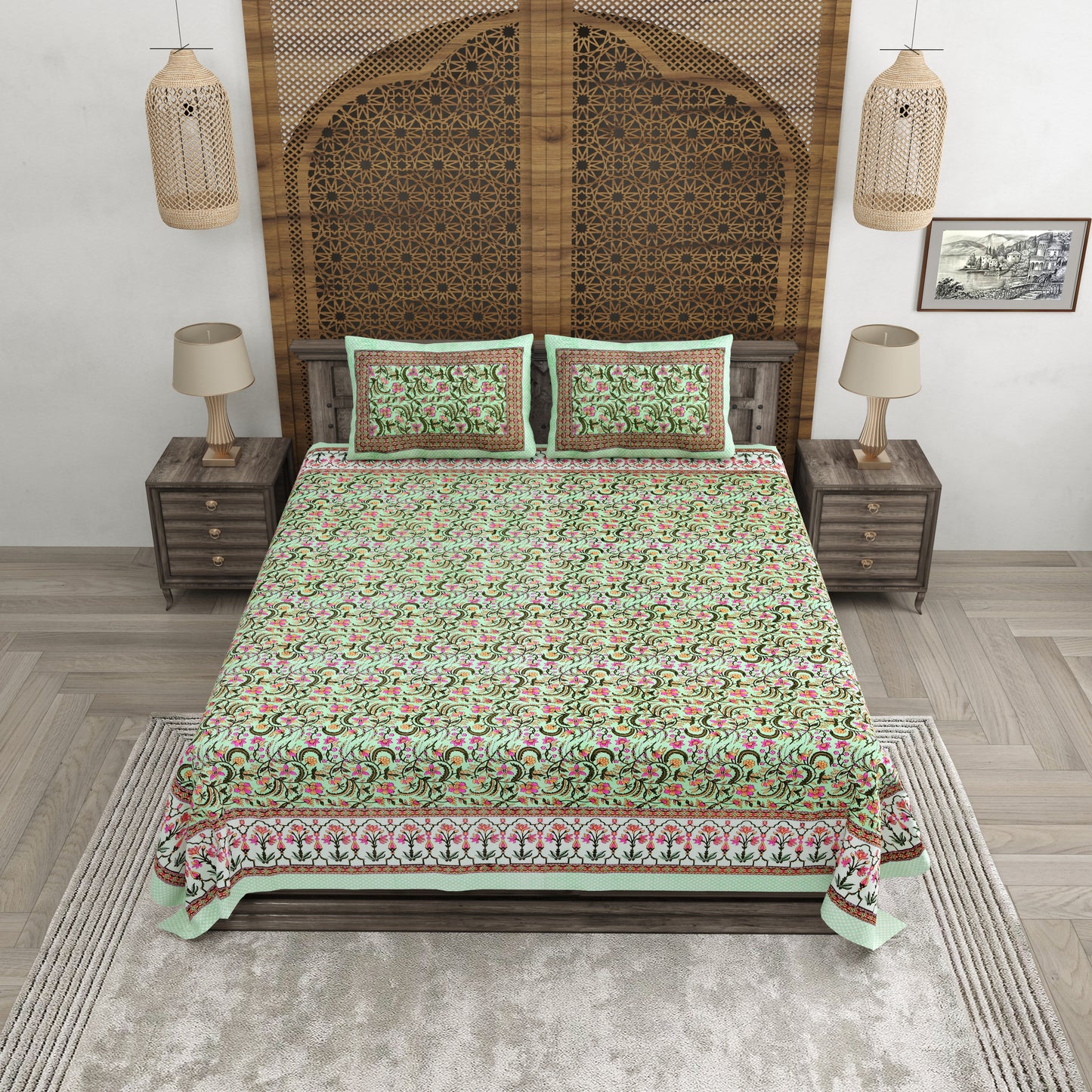 100% pure cotton jaipuri sanganari printed 98*108 king size Premium bedsheet with 2 Matching pillow covers