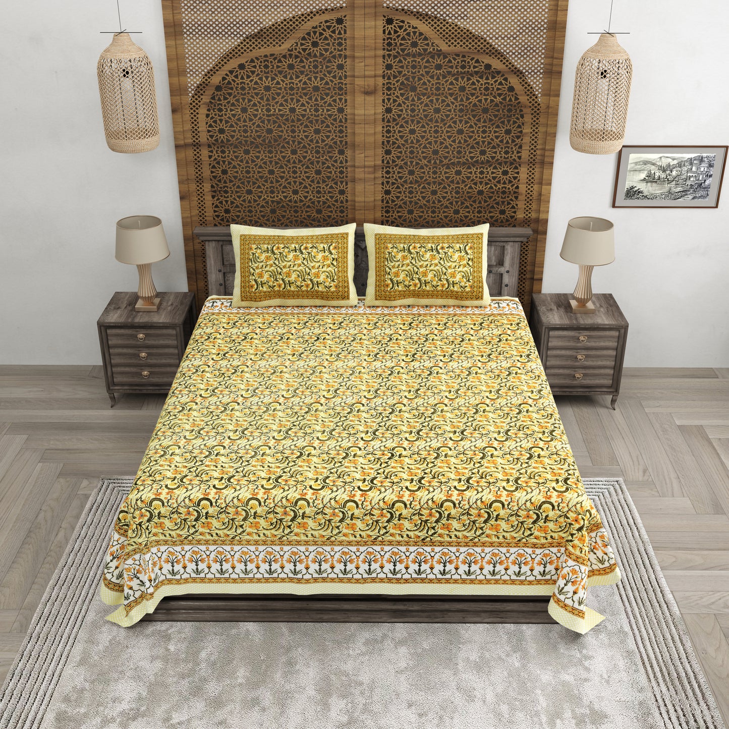 100% pure cotton jaipuri sanganari printed 98*108 king size Premium bedsheet with 2 Matching pillow covers