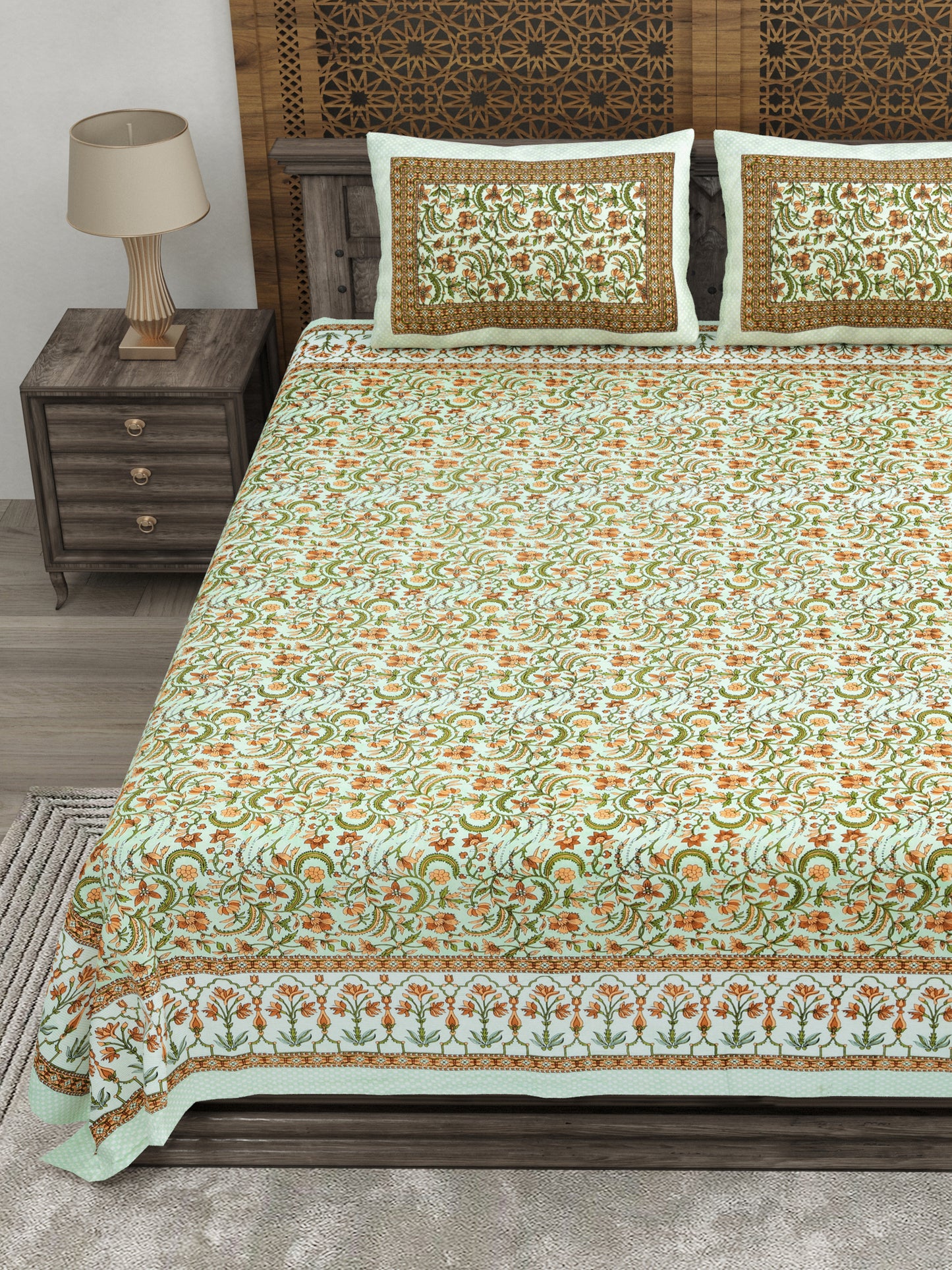 100% pure cotton jaipuri sanganari printed 98*108 king size Premium bedsheet with 2 Matching pillow covers