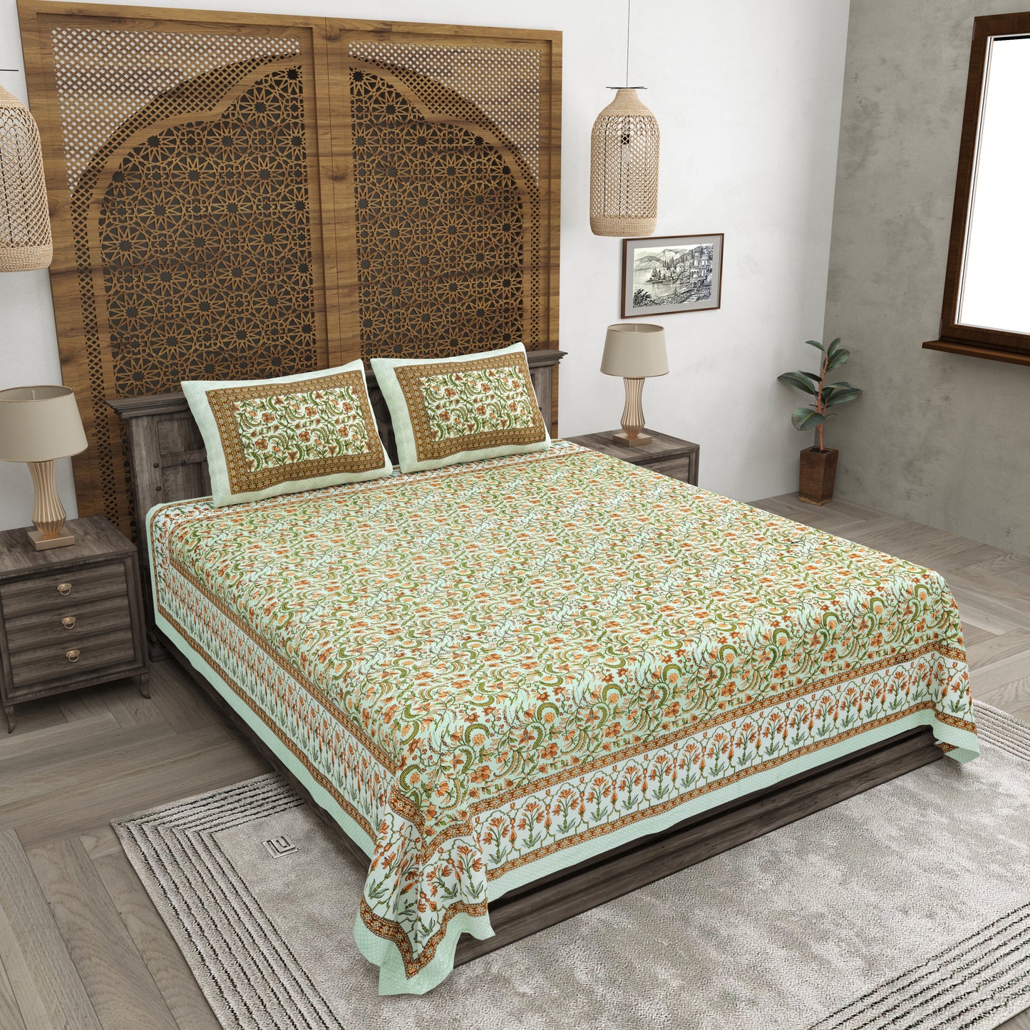 100% pure cotton jaipuri sanganari printed 98*108 king size Premium bedsheet with 2 Matching pillow covers