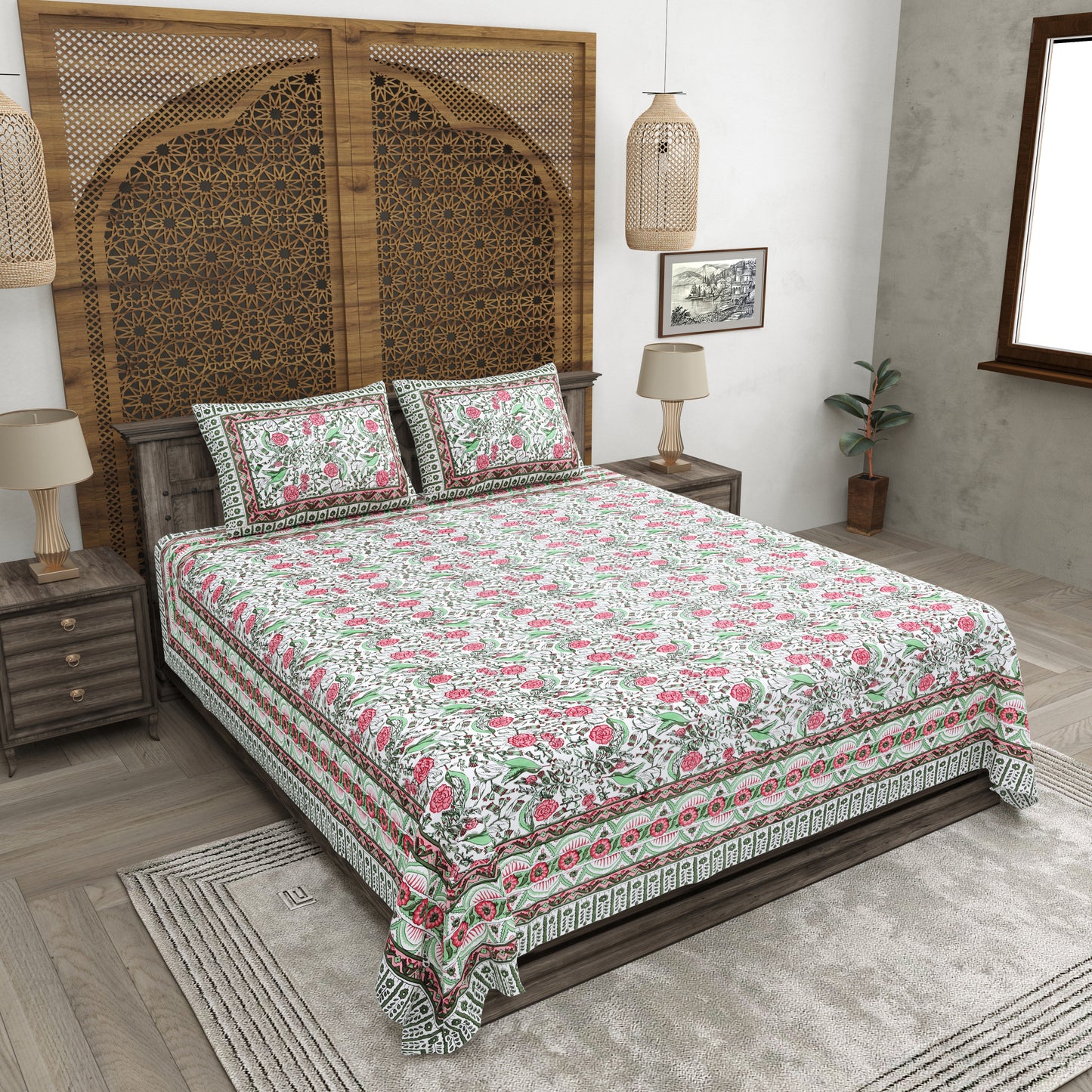 100% pure cotton jaipuri sanganari printed 98*108 king size Premium bedsheet with 2 Matching pillow covers