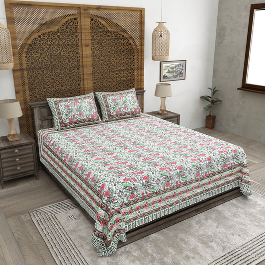 100% pure cotton jaipuri sanganari printed 98*108 king size Premium bedsheet with 2 Matching pillow covers