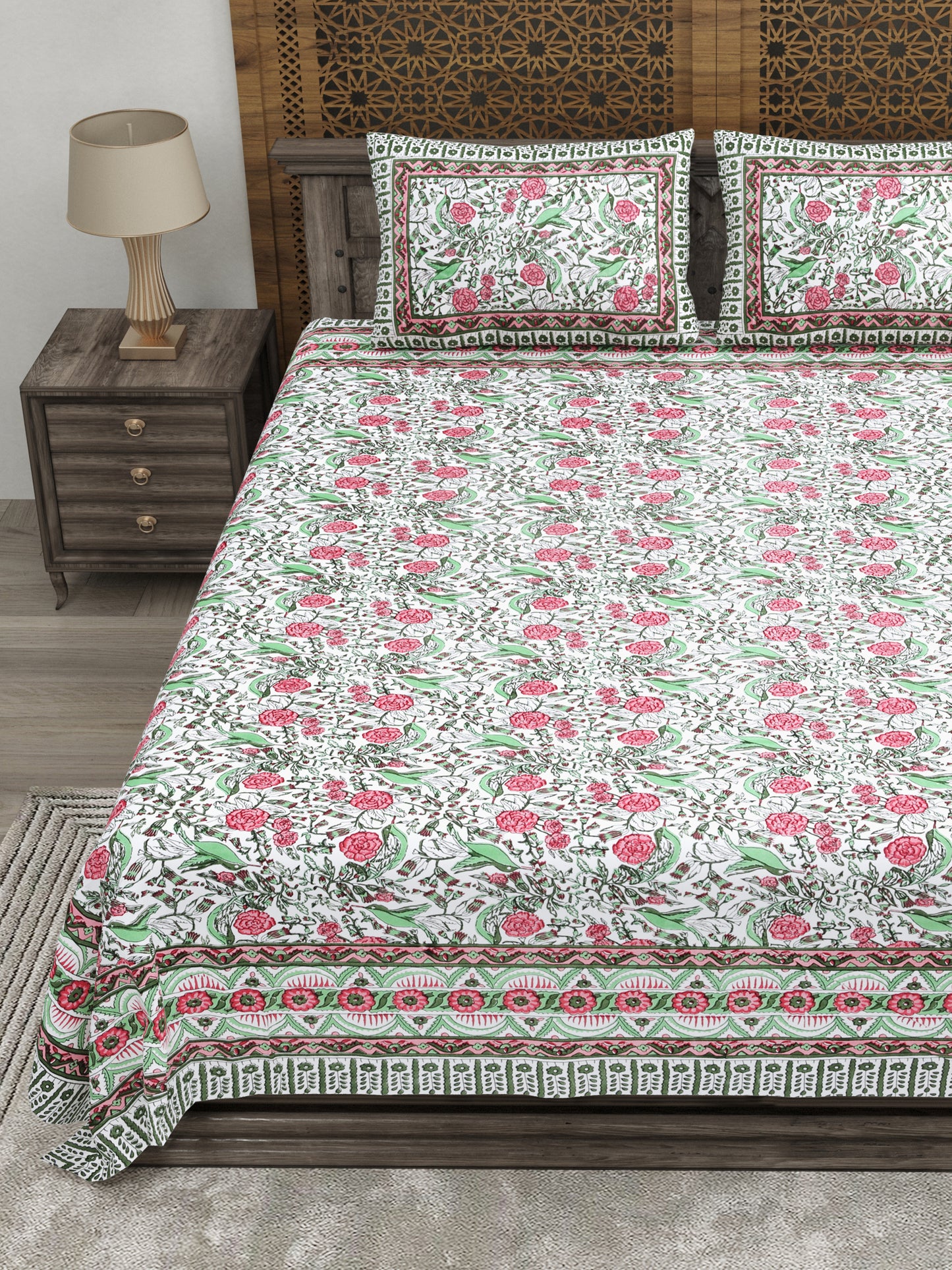 100% pure cotton jaipuri sanganari printed 98*108 king size Premium bedsheet with 2 Matching pillow covers