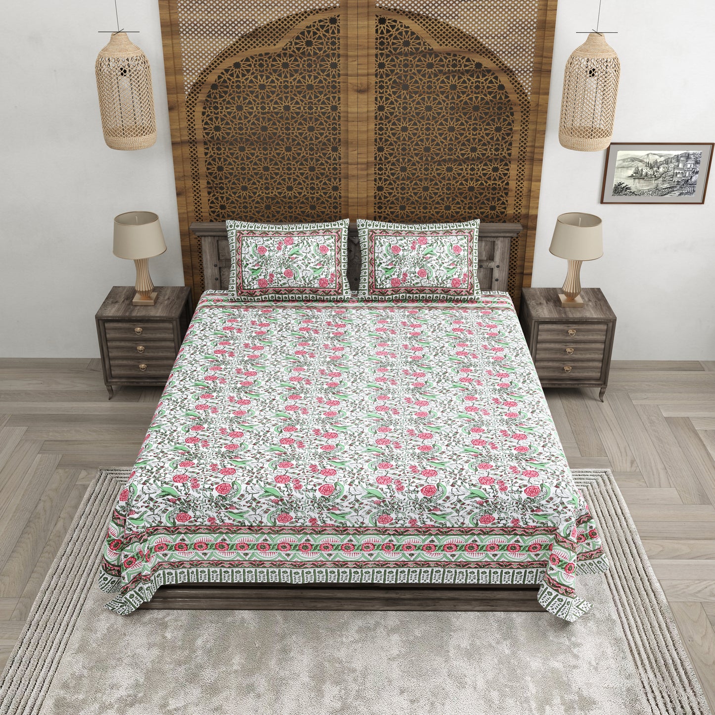 100% pure cotton jaipuri sanganari printed 98*108 king size Premium bedsheet with 2 Matching pillow covers