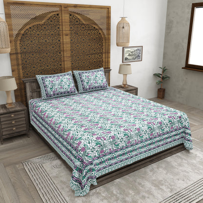 100% pure cotton jaipuri sanganari printed 98*108 king size Premium bedsheet with 2 Matching pillow covers