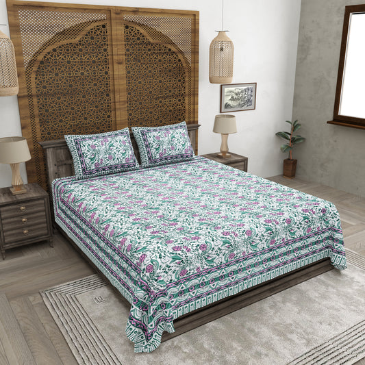 100% pure cotton jaipuri sanganari printed 98*108 king size Premium bedsheet with 2 Matching pillow covers