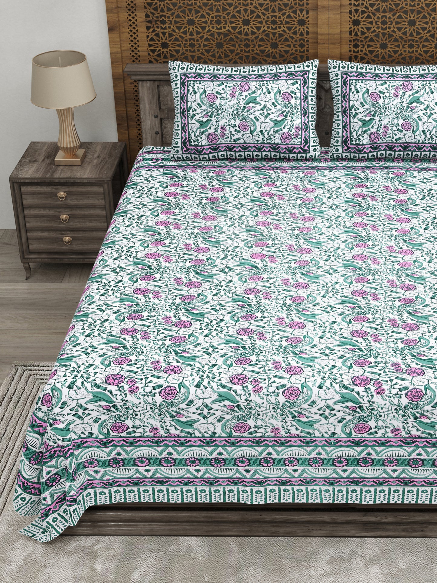 100% pure cotton jaipuri sanganari printed 98*108 king size Premium bedsheet with 2 Matching pillow covers