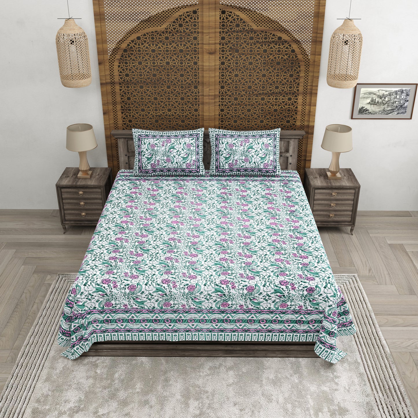 100% pure cotton jaipuri sanganari printed 98*108 king size Premium bedsheet with 2 Matching pillow covers