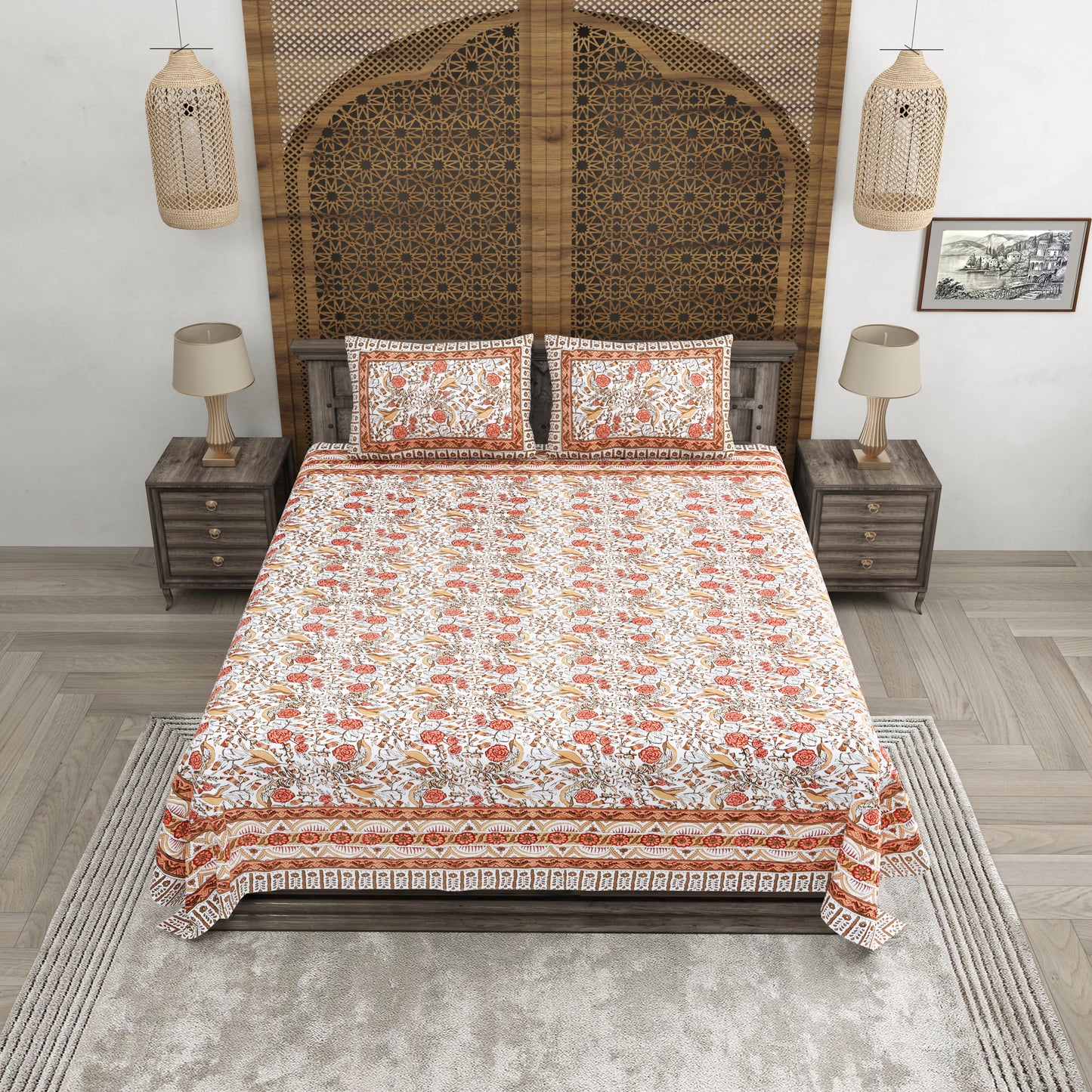 100% pure cotton jaipuri sanganari printed 98*108 king size Premium bedsheet with 2 Matching pillow covers