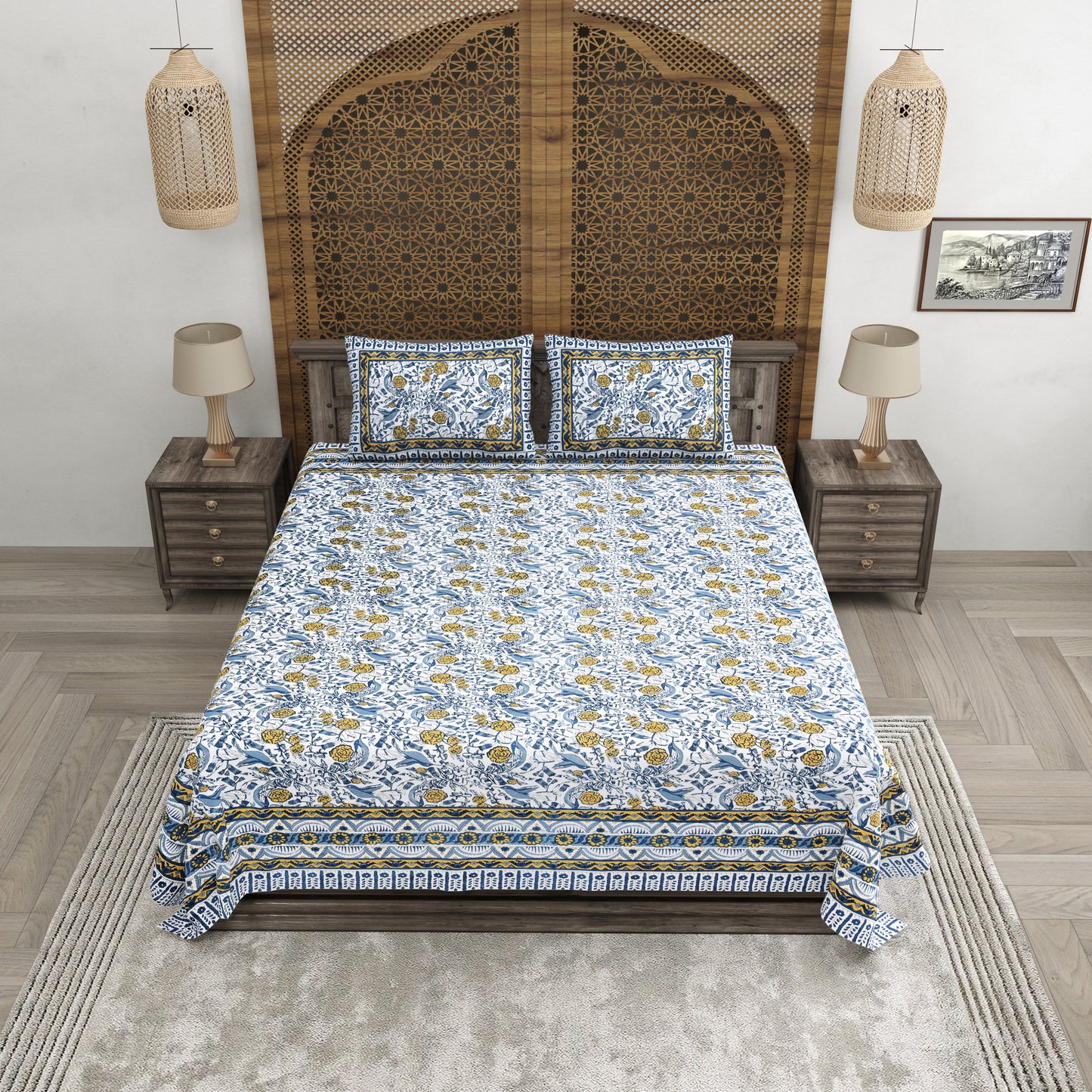 100% pure cotton jaipuri sanganari printed 98*108 king size Premium bedsheet with 2 Matching pillow covers