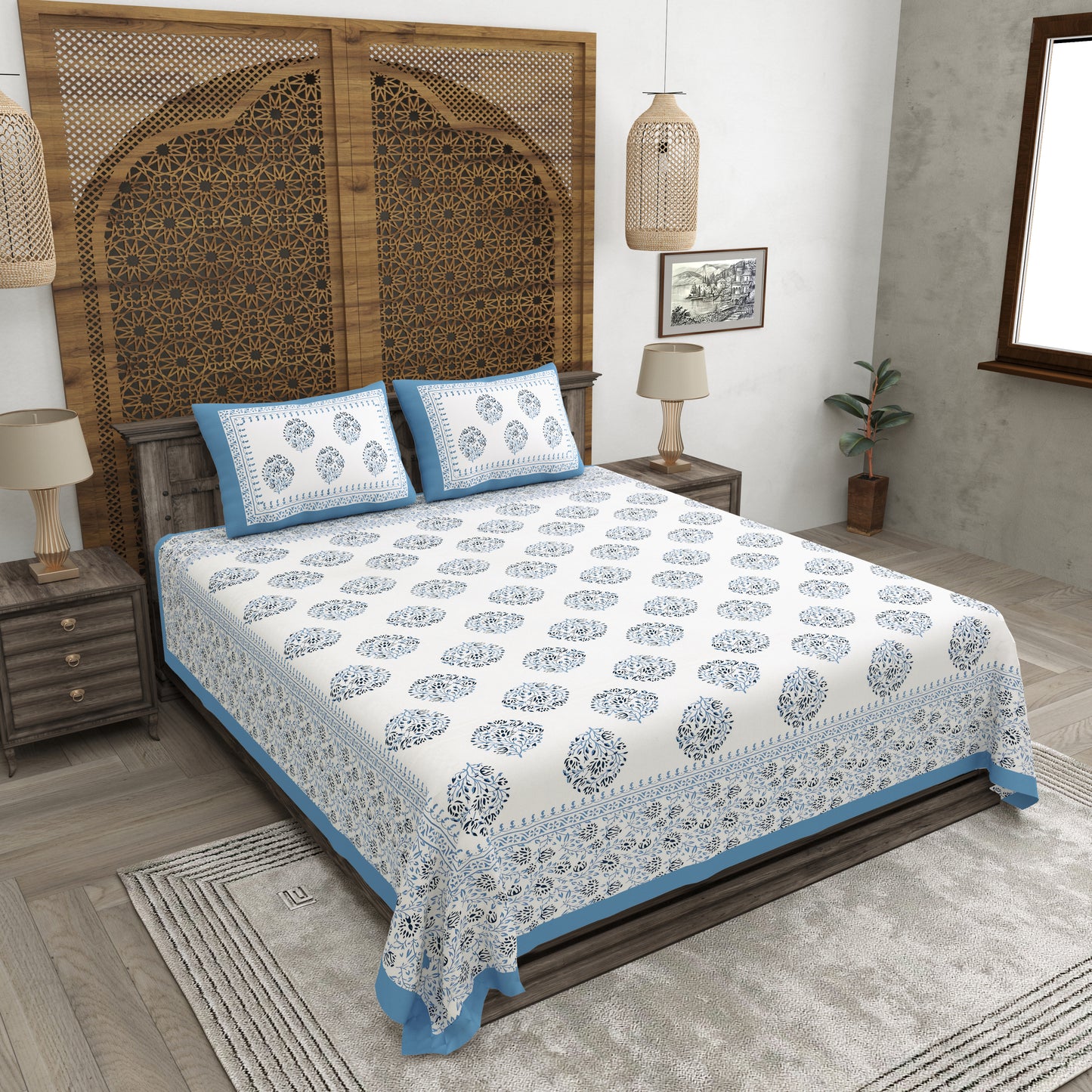 100% pure cotton jaipuri sanganari printed 98*108 king size Premium bedsheet with 2 Matching pillow covers