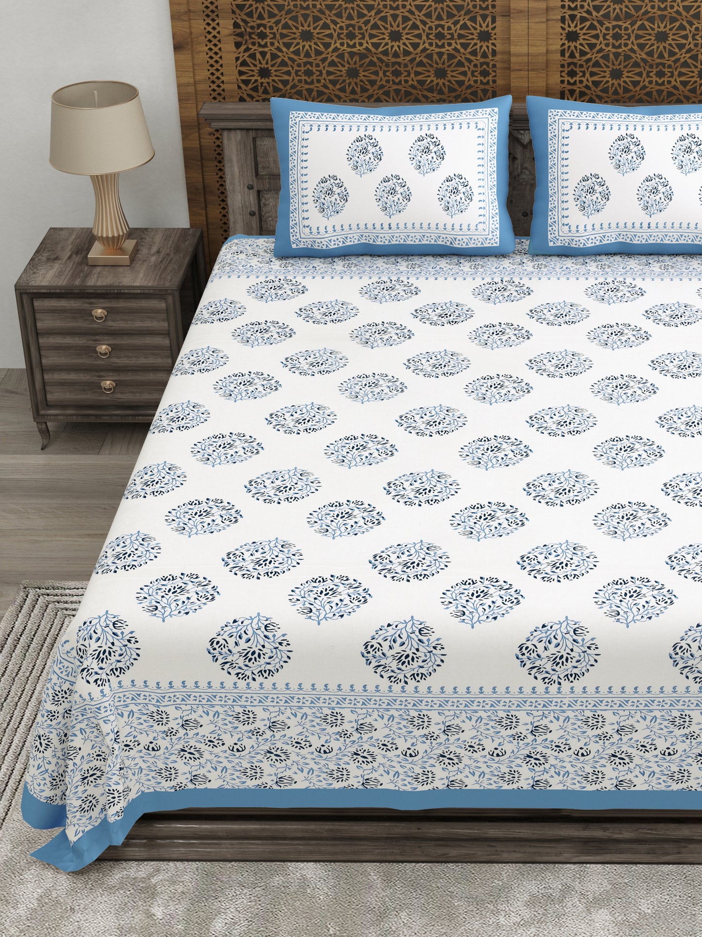 100% pure cotton jaipuri sanganari printed 98*108 king size Premium bedsheet with 2 Matching pillow covers