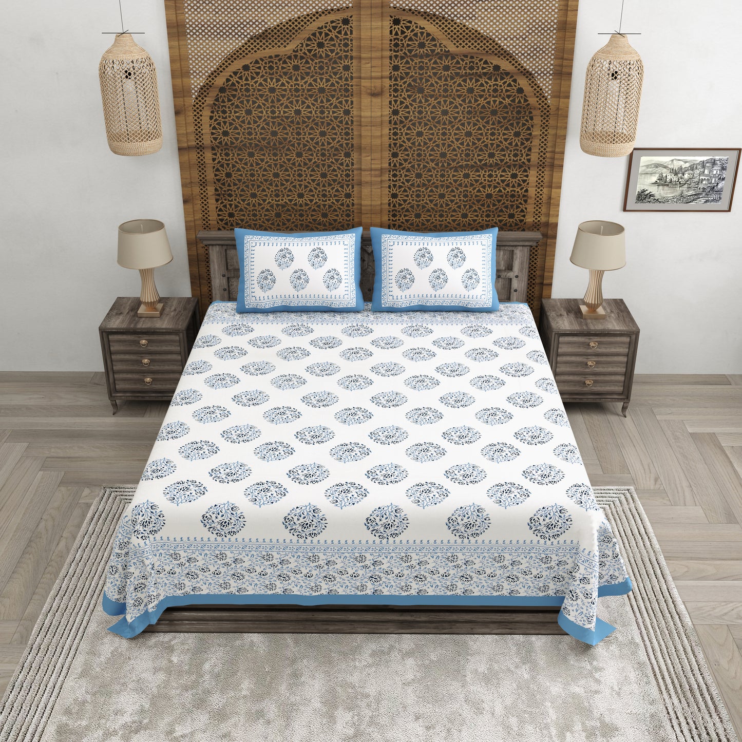 100% pure cotton jaipuri sanganari printed 98*108 king size Premium bedsheet with 2 Matching pillow covers